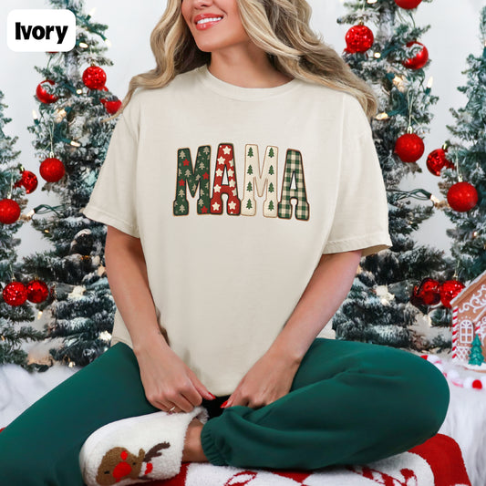 Patchwork Look Mama Christmas Graphic Tee
